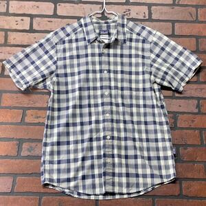 Patagonia Men's M Navy White Plaid Organic Cotton lightweight Button Up Shirt